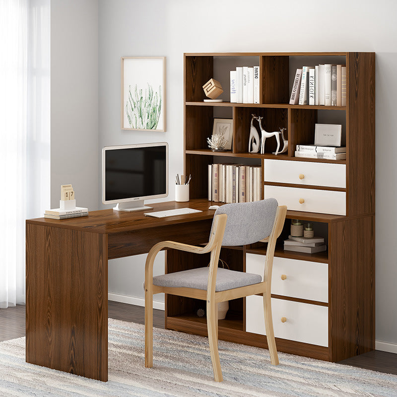 مكتب كمبيوتر خشبي بخزانة كتب