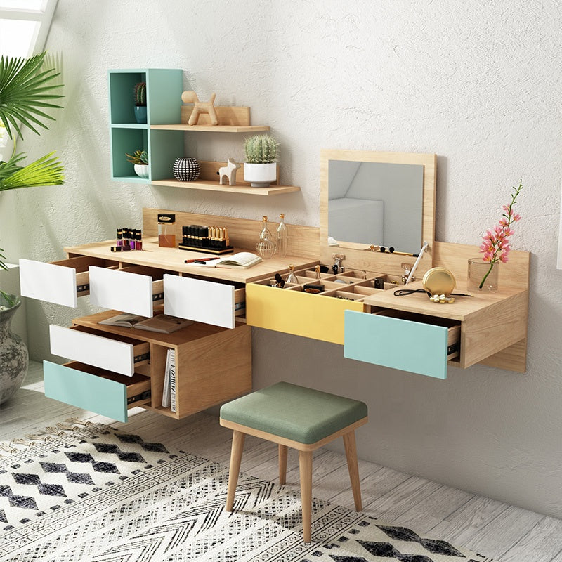 تسريحة تعليق بالحائط خشبي بوحدات وادراج تخزين فاخرة | بيوت