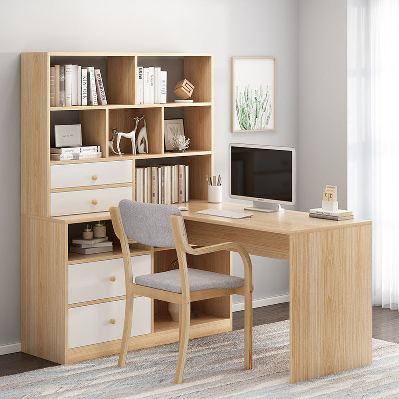 مكتب كمبيوتر خشبي بخزانة كتب