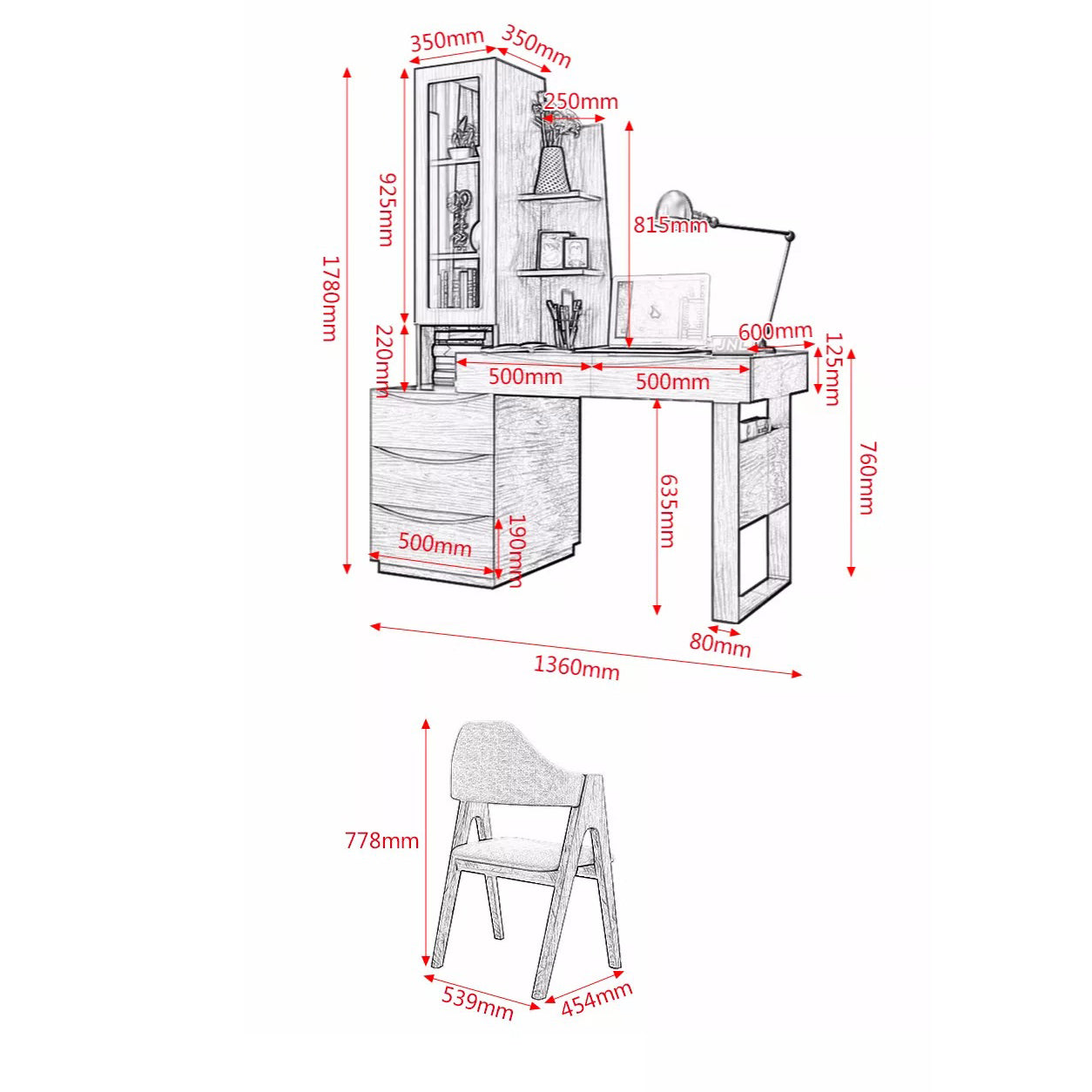 طاولة كمبيوتر مع وحدات تخزين وكرسي