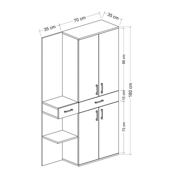دولاب مكون من علاقة ملابس + درج + 3 أرفف سفلية من جهة و مرايا و درج + رف من جهة