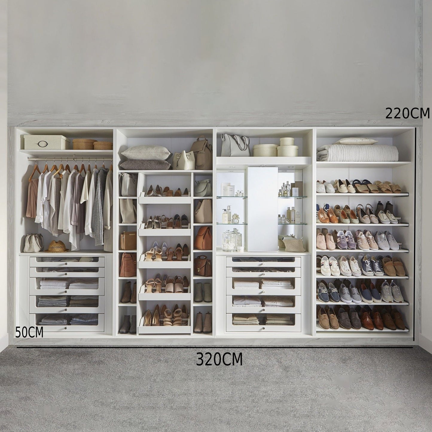 دولاب مفتوح بارفف و وحدات تخزين و علاقة ملابس