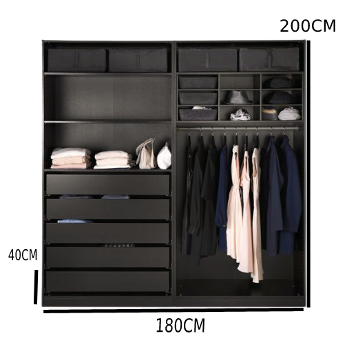 دولاب اسود مفتوح بارفف و ادرج و علاقة ملابس