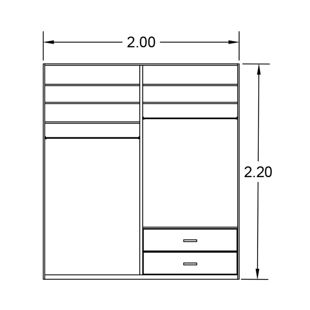 دولاب ب 2 باب جرار اربع أرفف مع درجين والاخرى تحتوي على رف وعلاقة ملابس